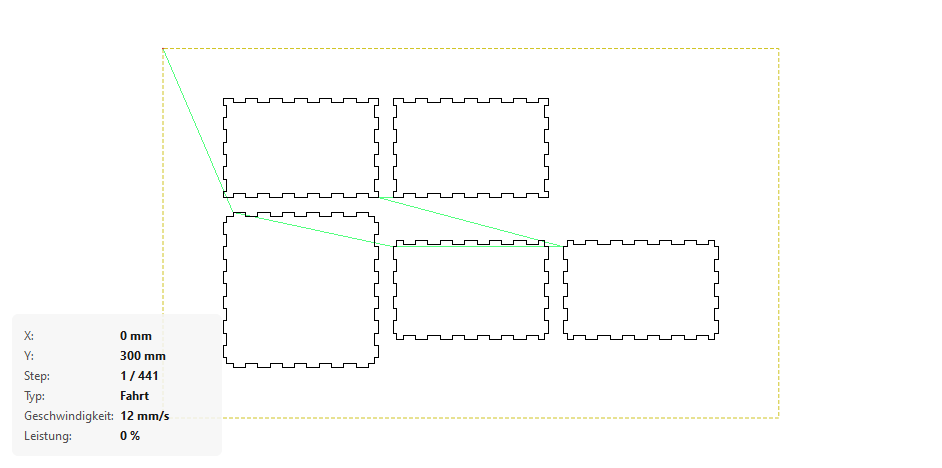 An actual PewPew preview showing cutting paths and travel moves